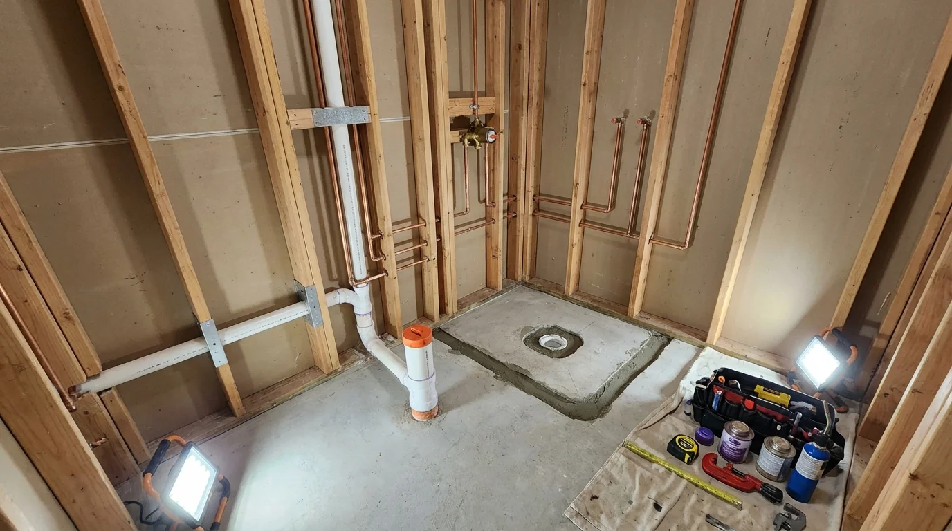 Bathroom rough-in plumbing during remodel by Johns Plumbing LLC in Von Ormy