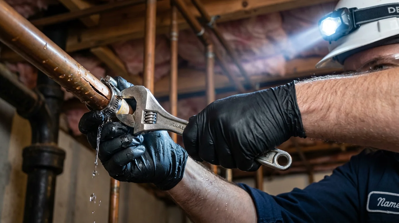 Emergency pipe clamp repair being performed by a Johns Plumbing LLC plumber in Von Ormy