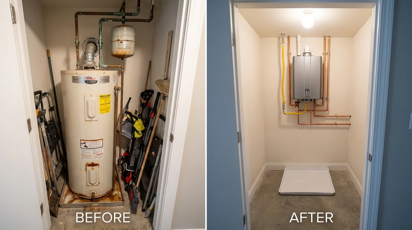 Tank water heater versus wall-mounted tankless unit comparison for Von Ormy, TX homeowners