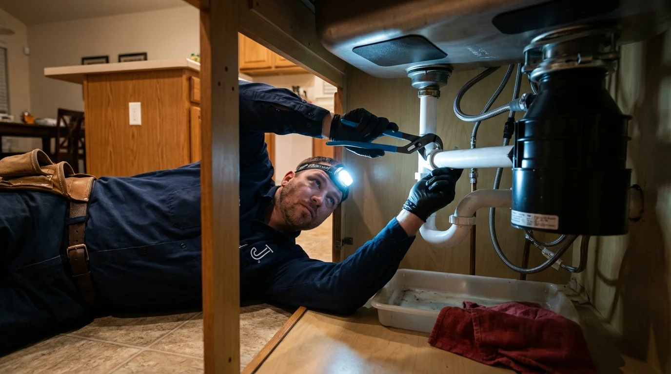 P-trap and supply line connections under a kitchen sink showing a common leak point in Von Ormy, TX